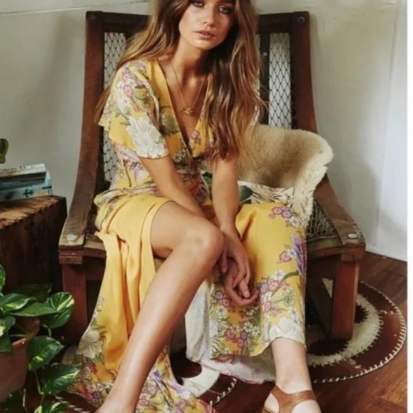 Spell and the Gypsy Blue Skies Yellow Maxi Wrap Dress Size M NWT - Picture 3 of 16